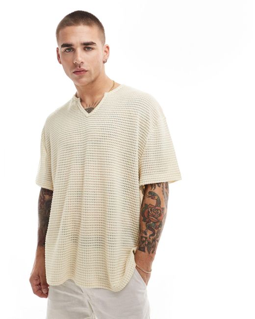 T-shirt oversize en crochet avec col cranté - beige ASOS pour homme en coloris Natural