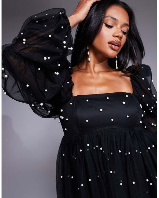 ASOS Black Tulle Baby Doll Dress With Pearl Embellishment