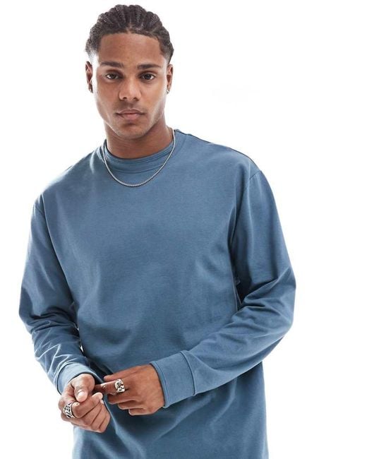 ASOS Blue Relaxed Long Sleeve T-Shirt With Cuffed Sleeves for men