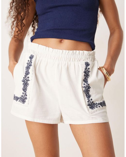 ASOS Blue Pull On Shorts With Embroidered Detail