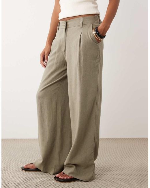ASOS Natural Asos Design Petite Wide Leg Trousers With Pleat Detail