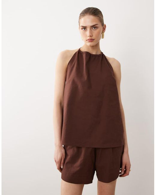 SNDY'S Brown Linen Blend Halterneck Low Back Top Co-ord