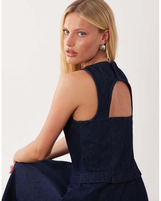 ASOS Blue Denim Circle Hem Midi Dress With Cut Out Detail