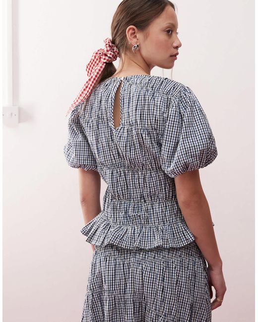 Top style western à manches courtes avec manches bouffantes et détail froncé - carreaux bleus Reclaimed (vintage) en coloris Blue