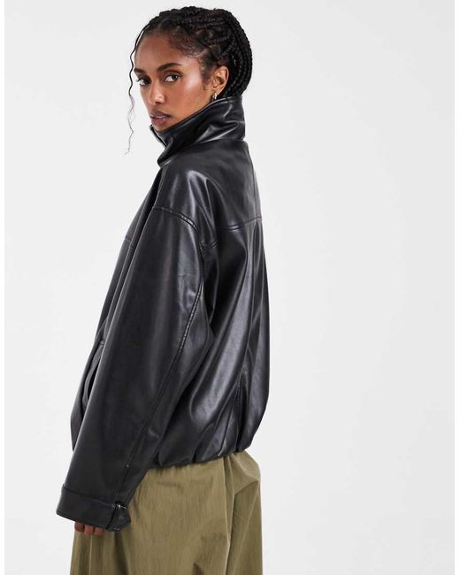 ASOS Black Clean Leather Look Funnel Track Bomber Jacket
