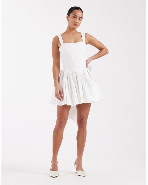 TFNC London White Bridal Corset Pleated Mini Dress With Bow Back