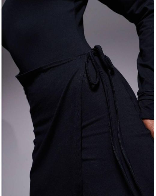 Fashionkilla Katoenrijke Mini-Jurk Met Vierkante Hals, Lange Mouwen En Gestrikte Taille Met Overslag in het Blue