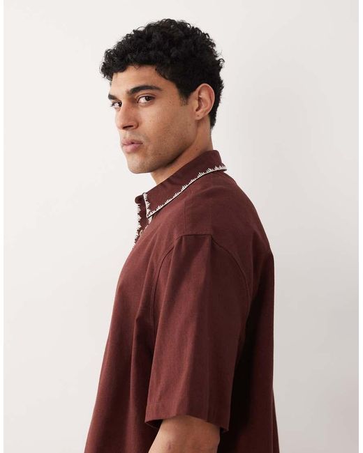 ASOS Red Boxy Oversized Shirt With Linen And Embroidery for men