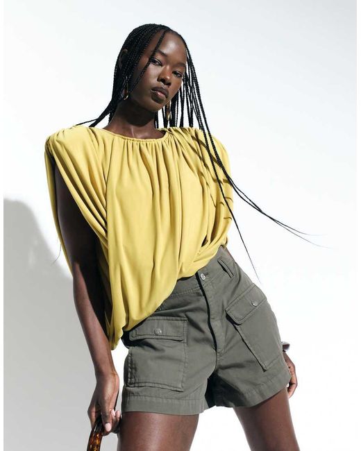 ASOS Blue Gathered Padded Asymmetric Drape Front Top
