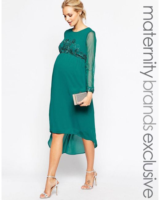 Maya Maternity Green Midi Dress With Embellished Bodice And Cuff