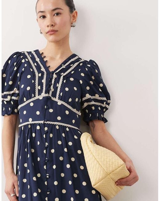 Nobody's Child Petite Blue Saffy Bell Sleeve Polkadot Midi Dress