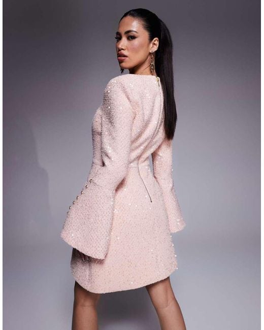 Lavish Alice Pink Sequin Boucle Fluted Sleeve Mini Dress
