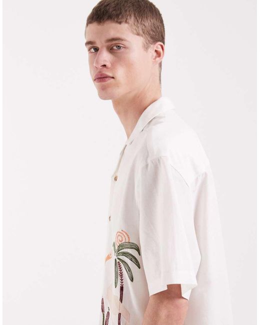 ASOS White Boxy Oversized Shirt With Linen And Embroidery for men