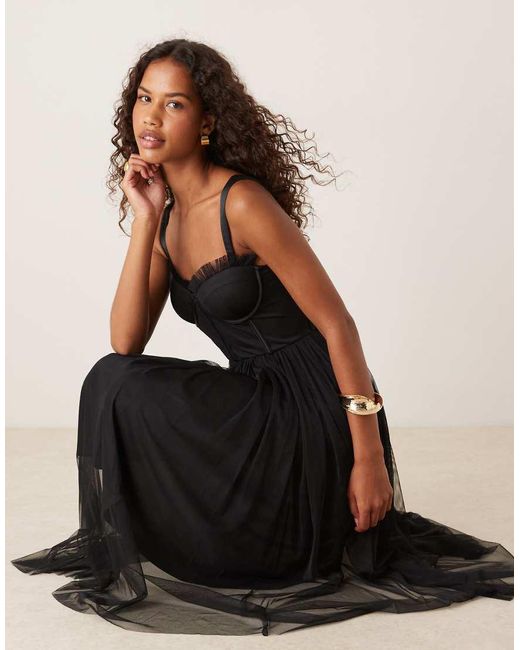 LACE & BEADS Black Tulle Corset Midi Dress