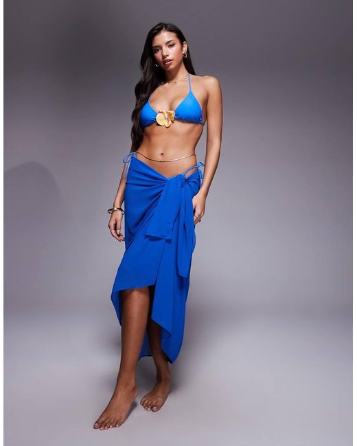 Candypants Blue Triangle Bikini Top With Flower Detail