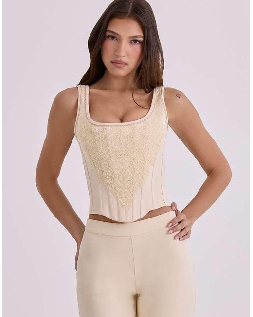 House Of Cb Natural Mimi Vintage Ivory Embroidered Satin Corset Top