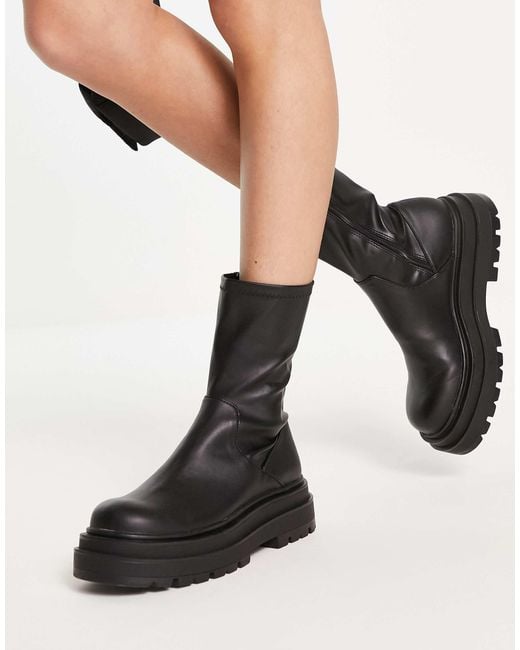 Pull&Bear Black Chunky Flat Ankle Boots With Side Zip