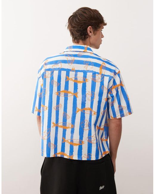 Reclaimed (vintage) Gestreept Overhemd Met Korte Mouwen, Rechte Pasvorm En Print Van Vissen in het Blue voor heren