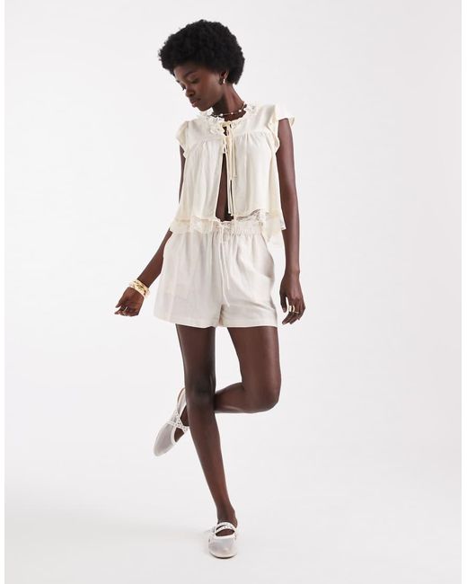 Miss Selfridge Natural Lace Insert Tie Front Blouse