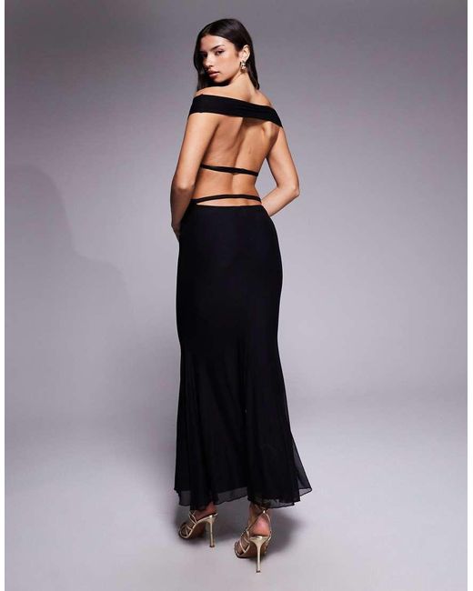 Tiger Mist Black Kerrigan Bardot Keyhole Open Back Strap Detail Fishtail Maxi Dress