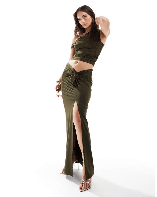 4th & Reckless Metallic Double Layered Slinky Twist Detail Thigh Split Maxi Skirt Co-ord