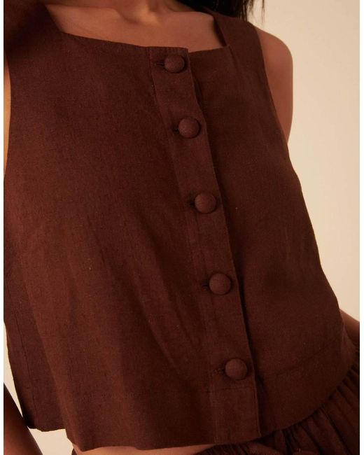 Nobody's Child Brown Linen-Blend Button Front Top