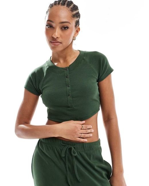 Brave Soul Green Ribbed Cropped T-shirt And Wide Leg Trouser Lounge Set