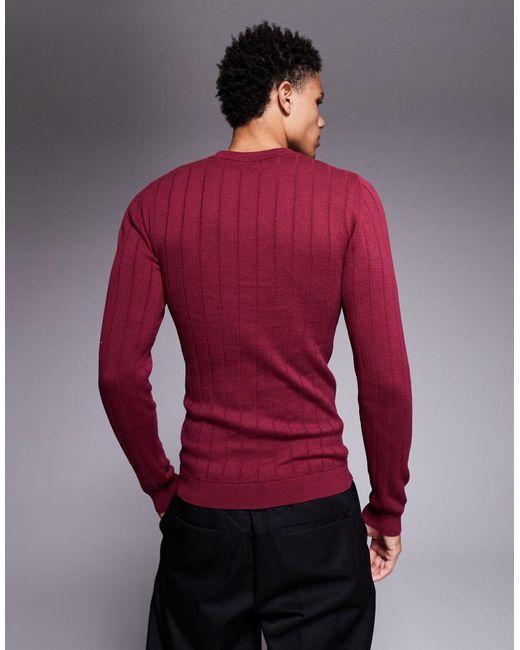 ASOS Red Muscle Fit Long Sleeve Knit Ribbed T-shirt for men