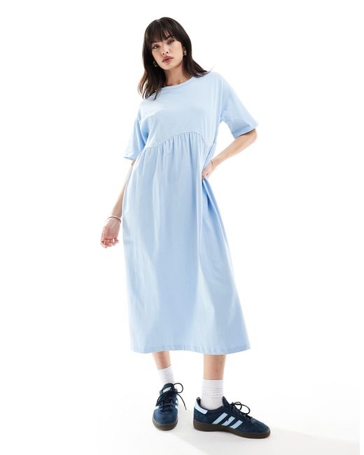 ASOS Blue Short Sleeve Seam Detail Midi Smock Dress