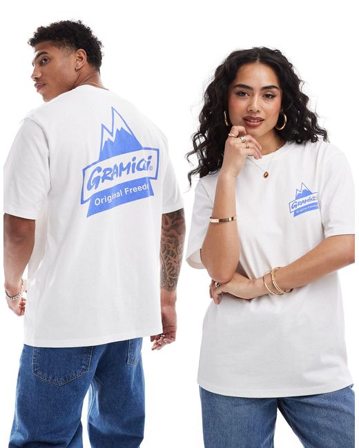 Camiseta blanca unisex con estampado gráfico Gramicci de color Blue