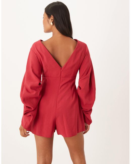 ASOS Red Asos Design Petite Curved Sleeve Playsuit With Pleating Detail