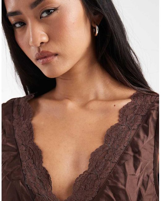ASOS Brown Crushed Lace Insert V Neck Satin Cami