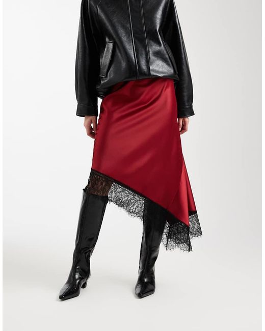 ASOS Red Satin Asymmetric Lace Trim Midi Skirt