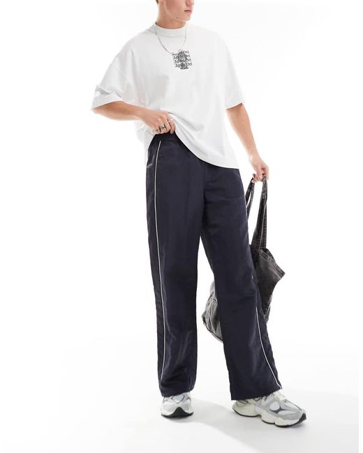 ASOS Blue baggy Nylon Track Pants With White Piping for men