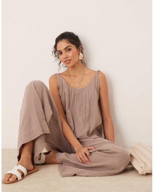 ASOS Natural Double Cloth Plait Tie Detail Scoop Neck Jumpsuit