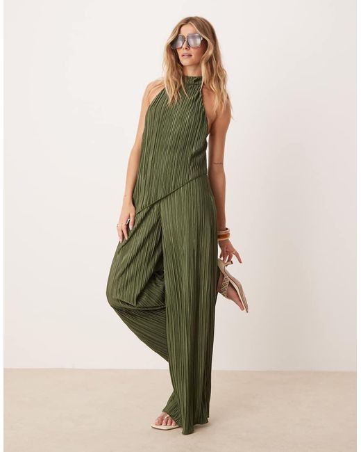 ASOS Green Plisse Halter Neck Wide Leg Jumpsuit