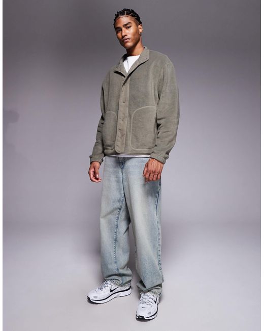 ASOS Gray Oversized Button Up Fleece Jacket With Nylon Panelling for men