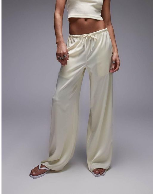 TOPSHOP Gray Satin Tie Waist Wide Leg Trouser