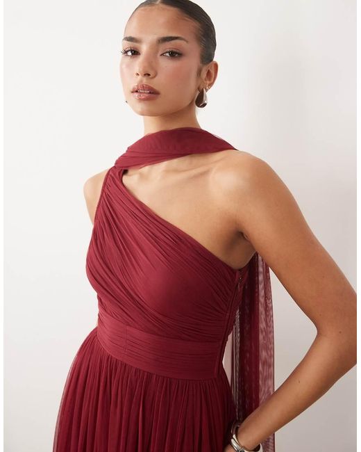 LACE & BEADS Red Bridesmaid Tulle One-shoulder Scarf Neck Fitted Waist Maxi Dress