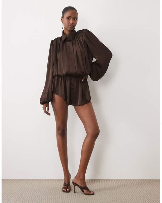 Noughts & Kisses Brown Satin High Neck Extreme Drape Balloon Sleeve Playsuit