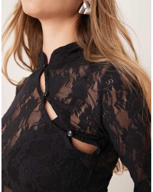 ASOS Black Cut Out High Neck Lace Up Top With Button Detail