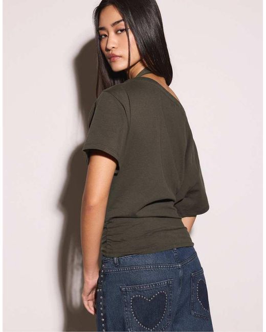 Stradivarius Brown Short Sleeve Boat Neck T-shirt With Gathers