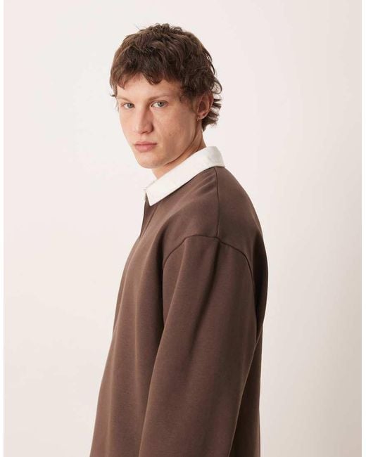 ASOS Brown Oversized Rugby Polo With Contrast Collar for men
