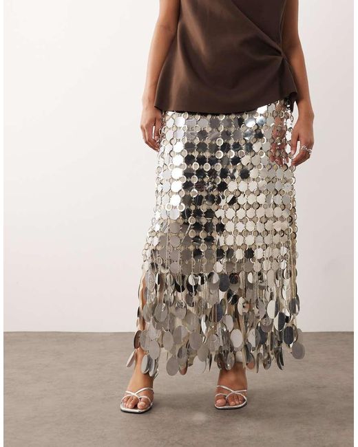 ARRANGE Brown Curve Futurist Sequin Fringe Hem Midi Skirt