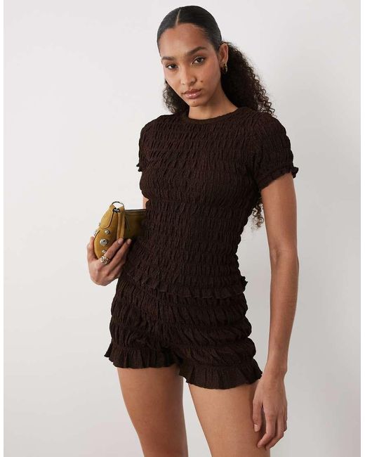 Brave Soul Black Co-ord Ruched Short Sleeve T-shirt With Ruffle Detail