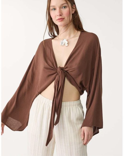 Stradivarius Brown Cropped Tie Front Blouse
