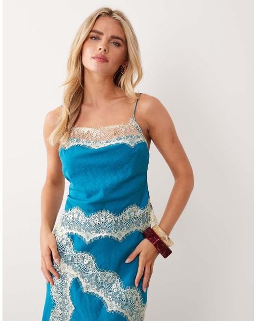 ASOS Blue Asos Design Petite Overlay Lace Trim Midaxi Dress With Back Detail