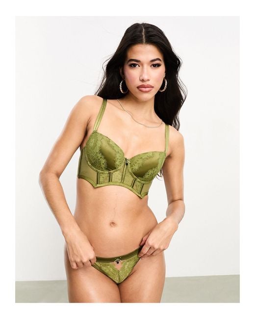 Hunkemöller Amalie Lace And Satin Padded Longline Demi Cup Bra in Green