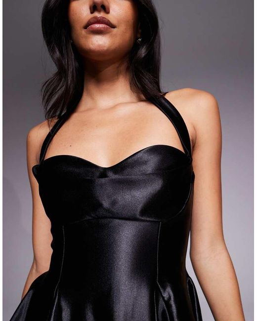 ASOS Black Sculpted Stretch Satin Twist Bust Halter Mini Dress