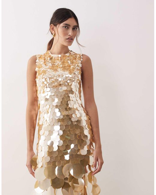 ARRANGE Natural Embellished Sequin High Neck Maxi Dress